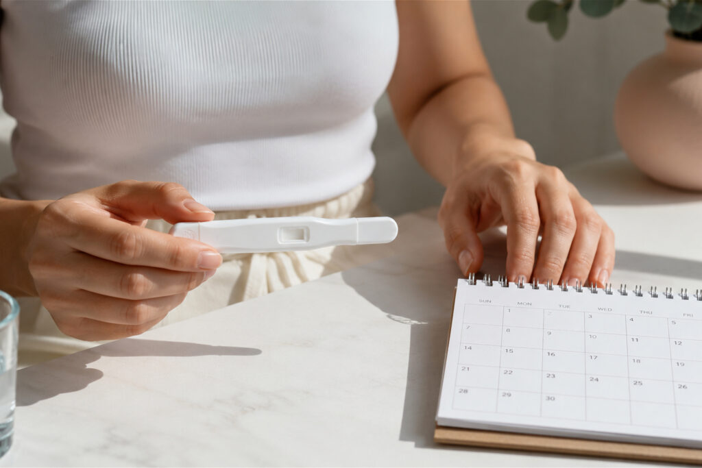 woman checking pregnancy test result with calendar. Girl tracking fertility cycle and planning maternity. Medical healthcare diagnostic, family planning and motherhood preparation concept